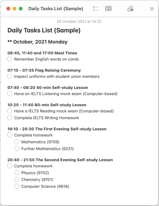 Daily Tasks List Sample (2021)